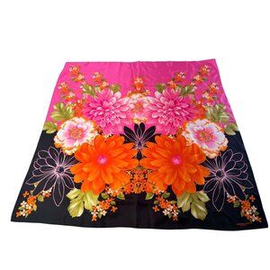 Adrienne Landau Studio Floral Silk Scarf Pink Orange Black Bold Retro Design 35"